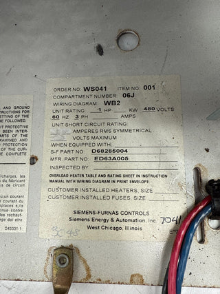 Siemens Model 95+ 18" 5A Combo MCC Bucket Size 1 14DP32A71 Starter ED63A005 Used