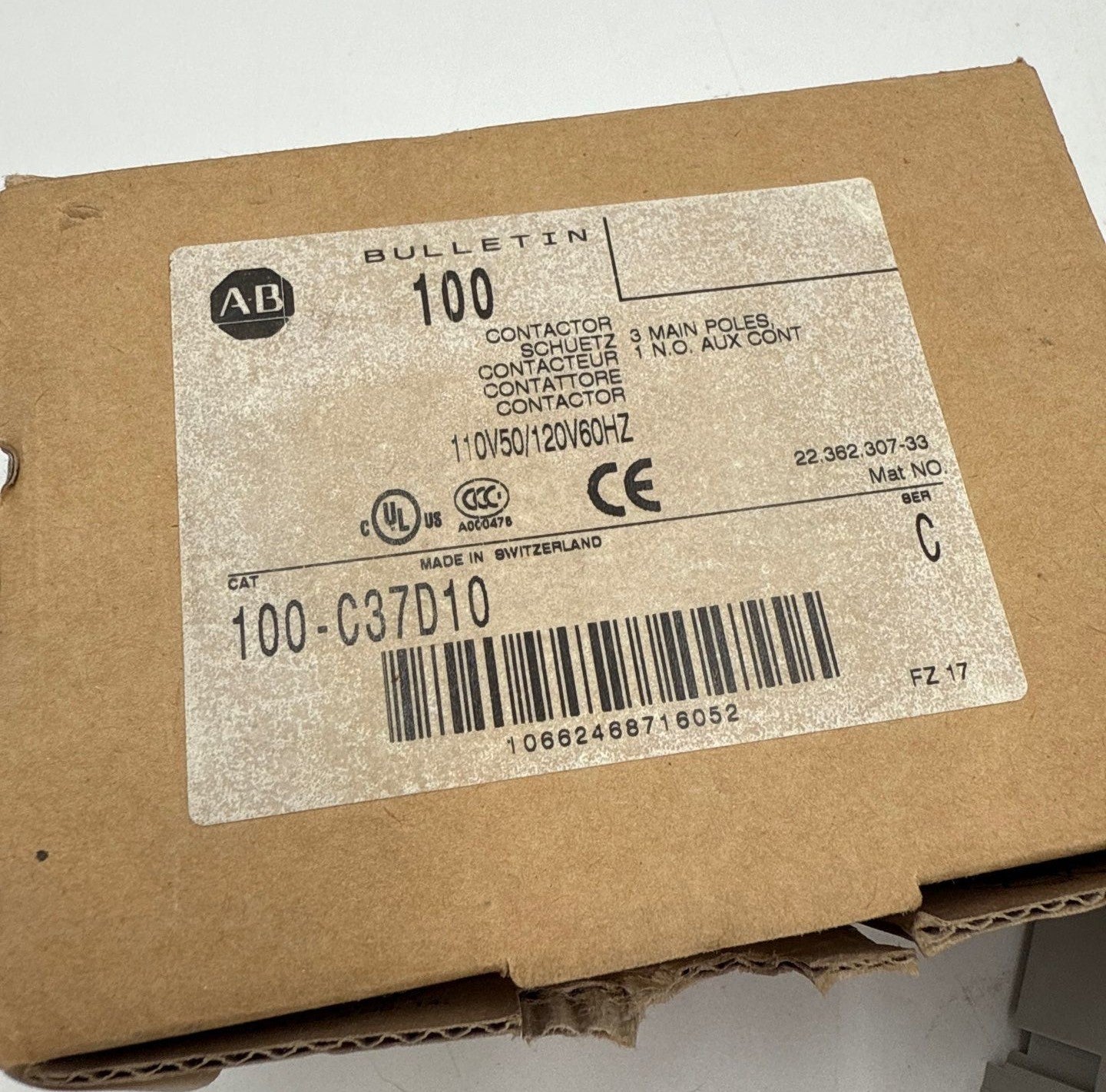 Allen Bradley 100-C37D10 Contactor 37A 3P 600V Coil 110/120V 30HP Max New