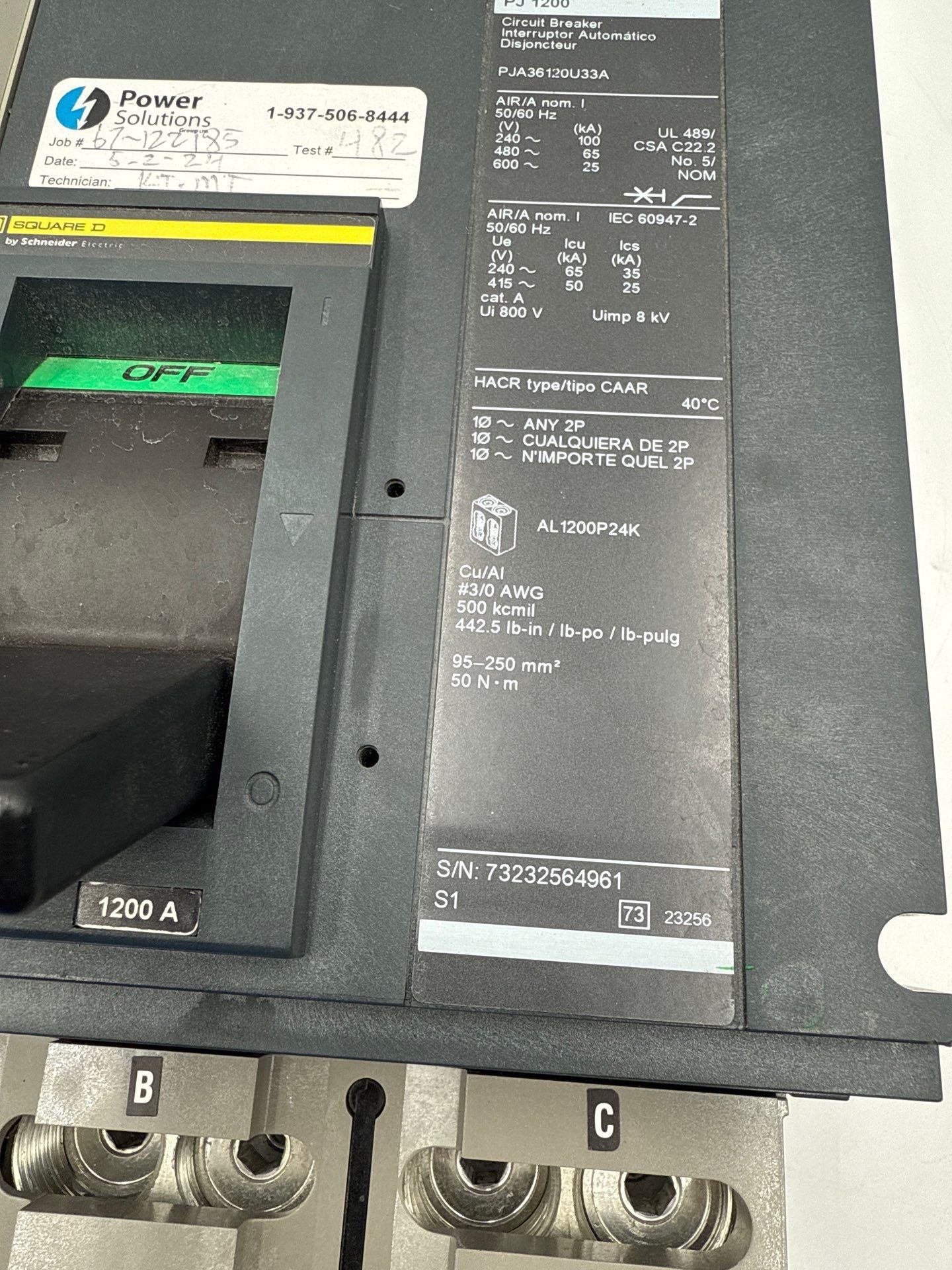 Square D PJA36120U33A I-Line Circuit Breaker 1200A 3P 600V PowerPact PJA 1200 Amp Used