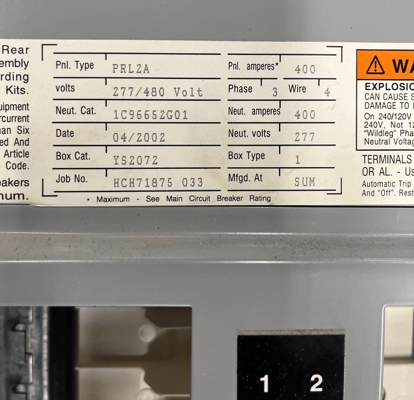 Cutler Hammer PRL2A Panelboard 400A 480/277VV 3PH 4W 42Cir MLO 400 Amp Panel P589 Used
