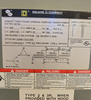 30kVA Square D 30T3H Sorgel Transformer 3PH Pri 480V Sec 208/120V Indoor T270 Used