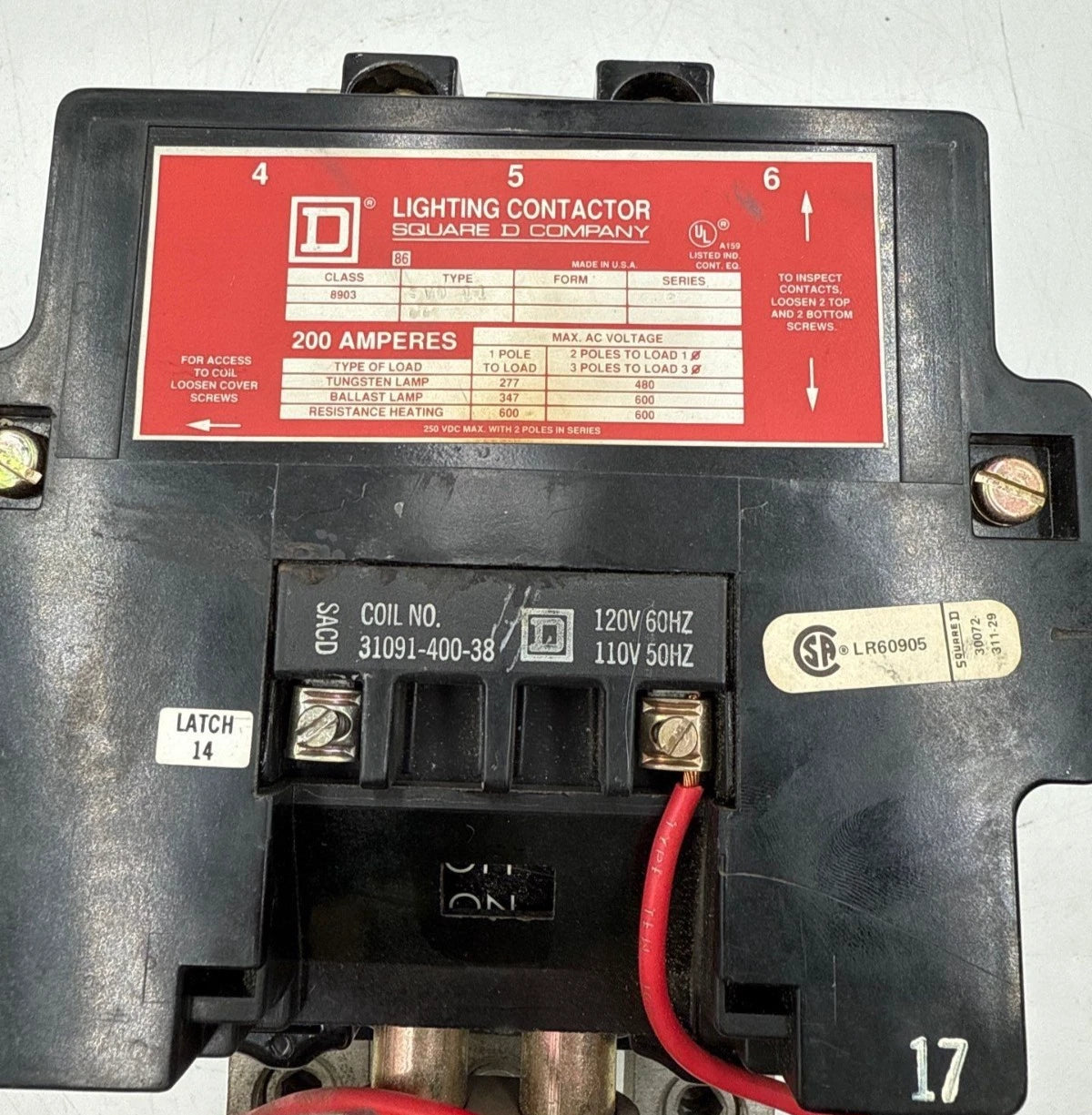 Sq D 8903SV011 Lighting Contactor Coil 110/120V 200A 3P 600V Mechanically Held Used