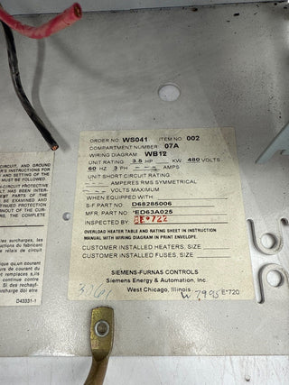 Siemens Model 95+ 18" 25A Combo MCC Bucket Size 1 14FP32A71 Starter ED63A025 Used
