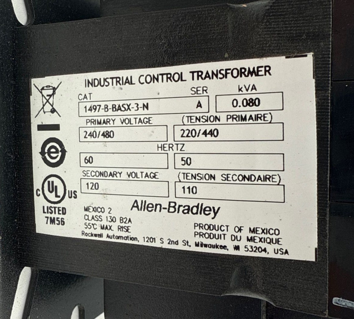 Allen Bradley 1497-B-BASX-3-N Control Power Transformer 0.080kVA Pri 240/480V Sec 120V Used