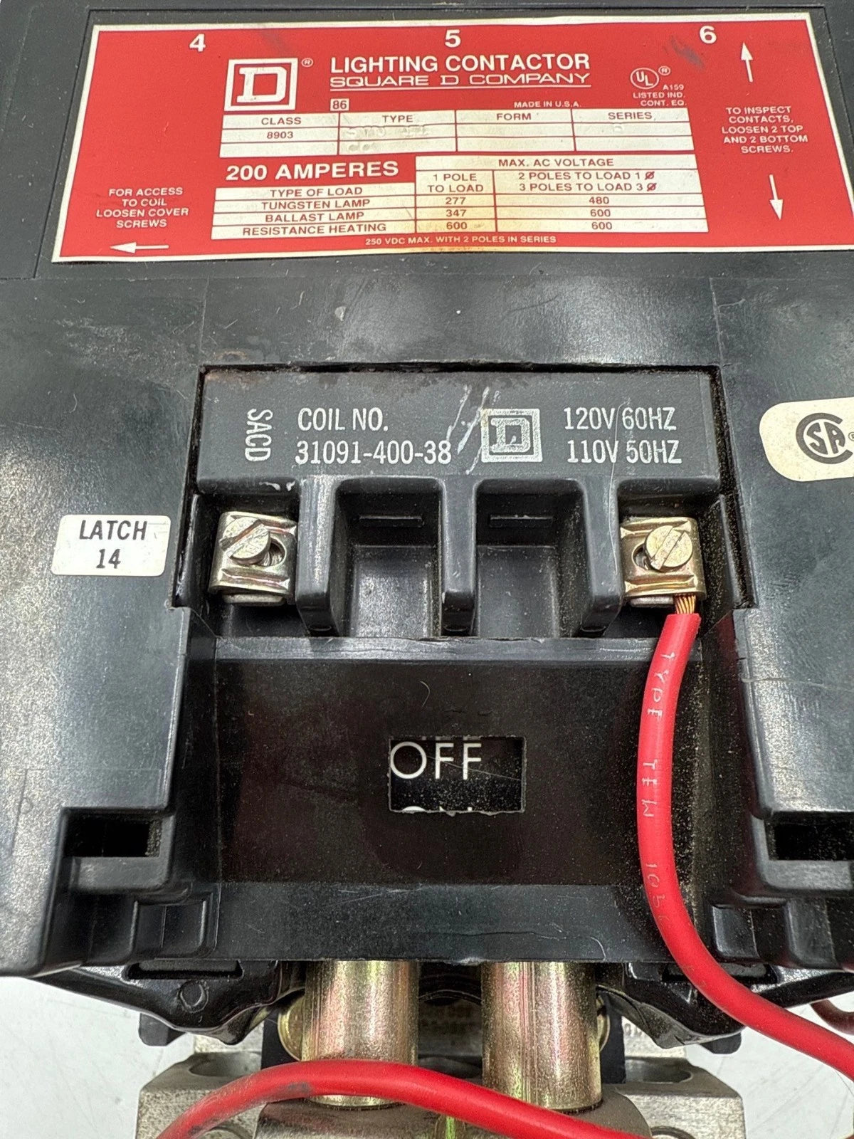 Sq D 8903SV011 Lighting Contactor Coil 110/120V 200A 3P 600V Mechanically Held Used