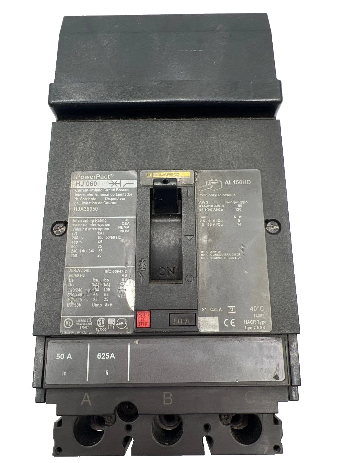 Square D HJA36050 I-Line Circuit Breaker 3 Pole 50 Amp 600V HJA 50A 3P 3PH Used