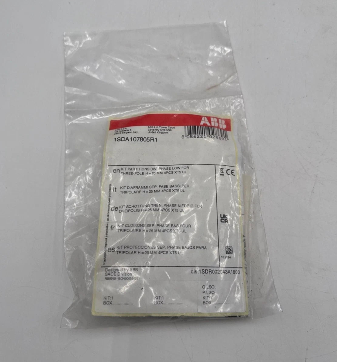 ABB 1SDA107805R1 Kit Partitions Div. Phase Low for 3 Pole H=25mm XT5 UL 4PCS New