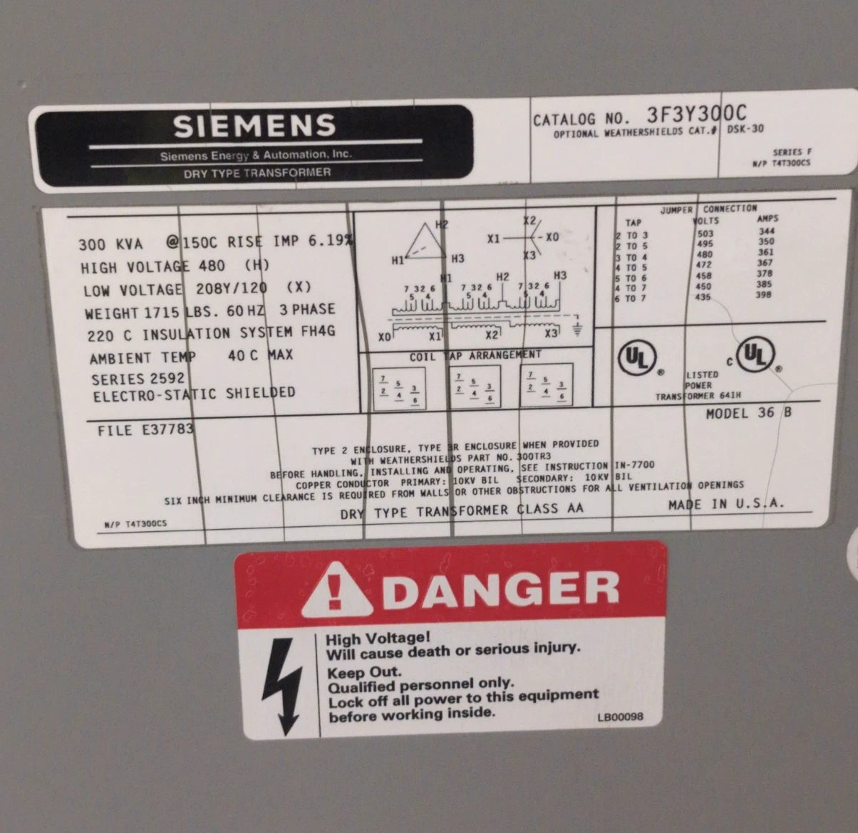 300kVA Siemens 3F3Y300C Transformer Pri 480V Sec 208/120V 3PH Indoor Encl Used