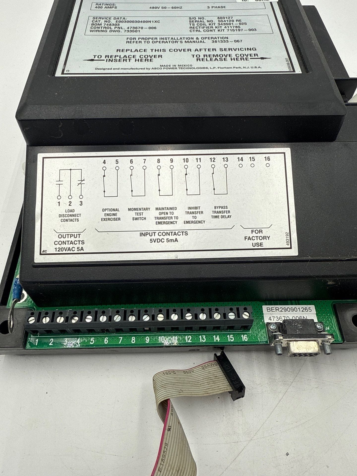 ASCO Series 300 Automatic Transfer Switch 400A 480V 60Hz E00300030400N1XC Used