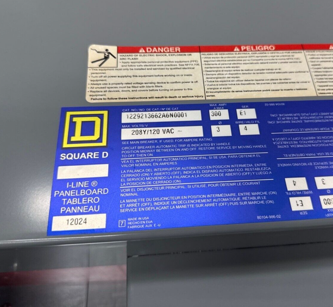 Square D HCP I-Line Panelboard 300A 208/120V 3PH 4W 18 Circuit Indoor Encl MCB P441 Used