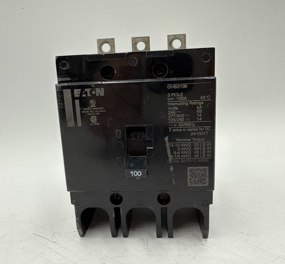Eaton GHB 3100 Circuit Breaker 100A 277/480V 3P 14kA 100 Amp 3 Pole Bolt On Used