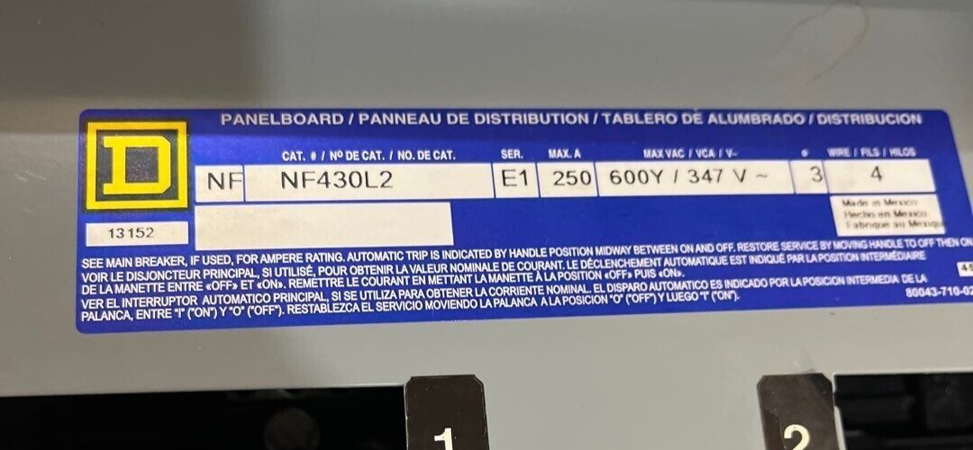 Square D NF430L2 NF Panelboard 250A 600Y/347V 3PH 4W 30 Cir Main JDL36150 MCB P274 Used