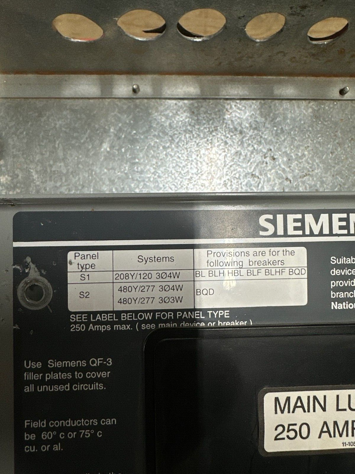 Siemens S1C42ML250ATS S1 Panelboard 250A 208/120V 3PH 4W Indoor Encl MLO 42 Cir P066 Used