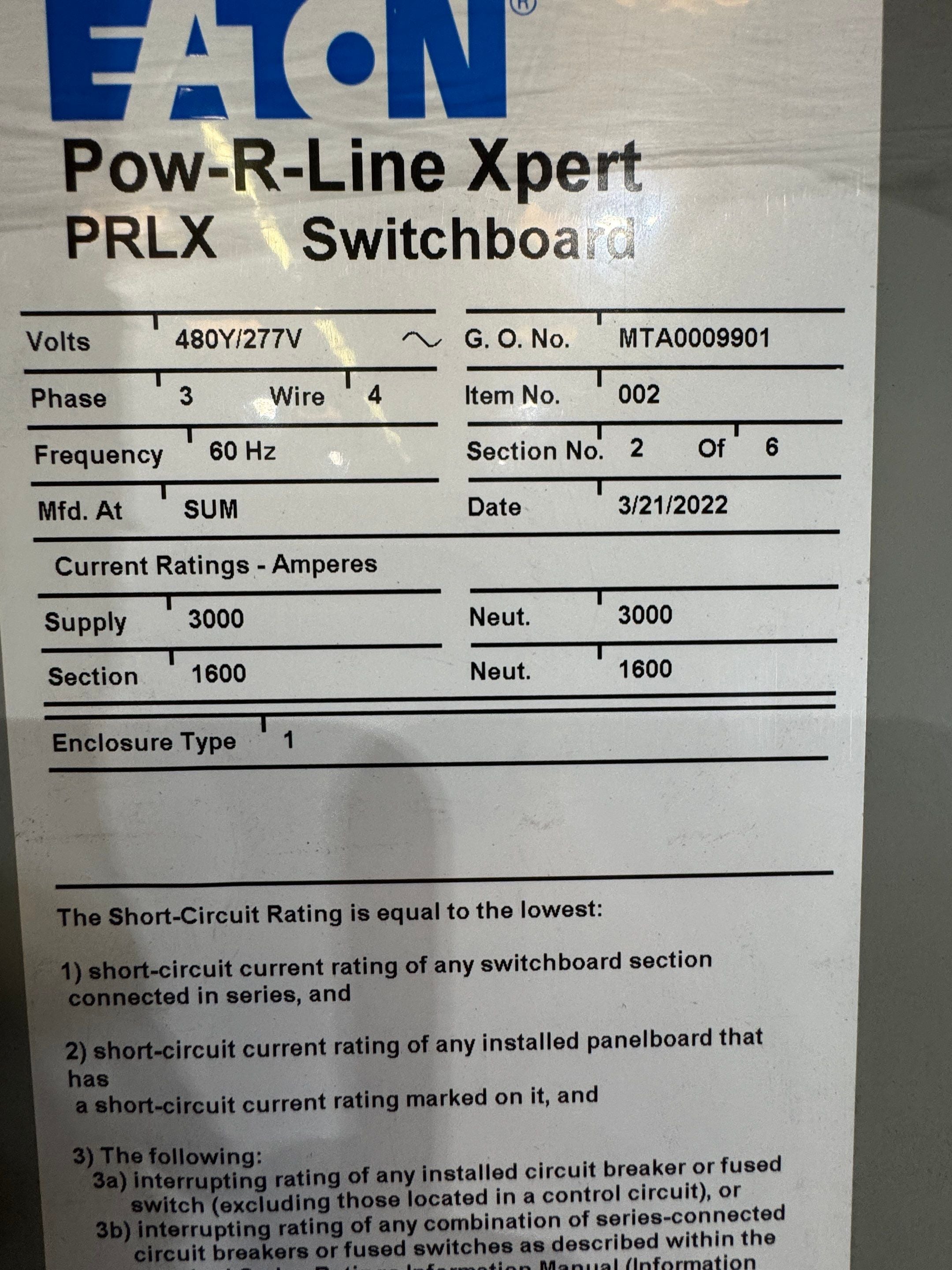 Eaton 3000A PRLX Switchboard 480/277V 3PH 4W 1600A Feeder 2 Distribution New