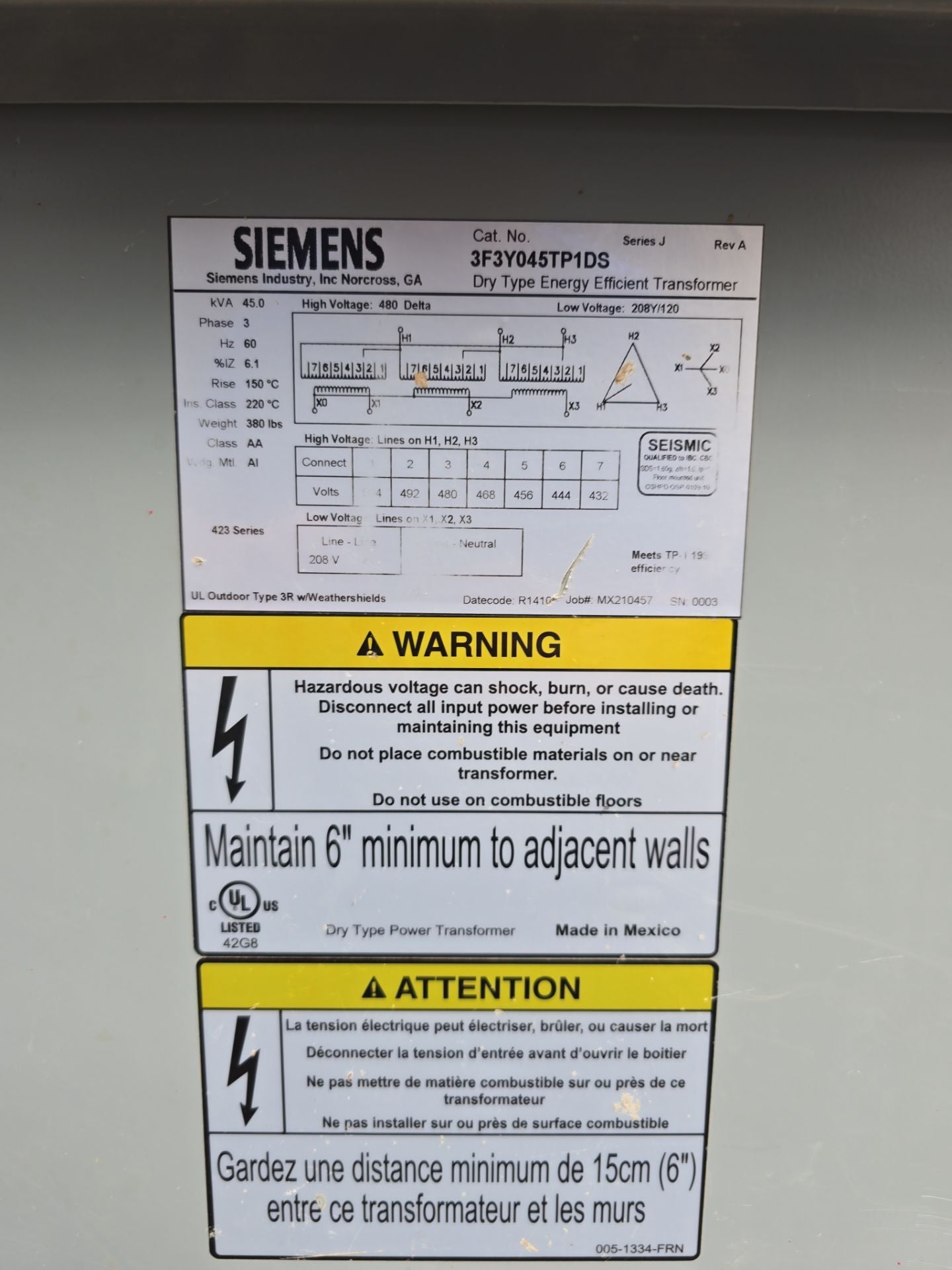 45KVA Siemens 3F3Y045TP1DS Transformer Pri 480V Sec 208/120V 3PH 3R Encl Used