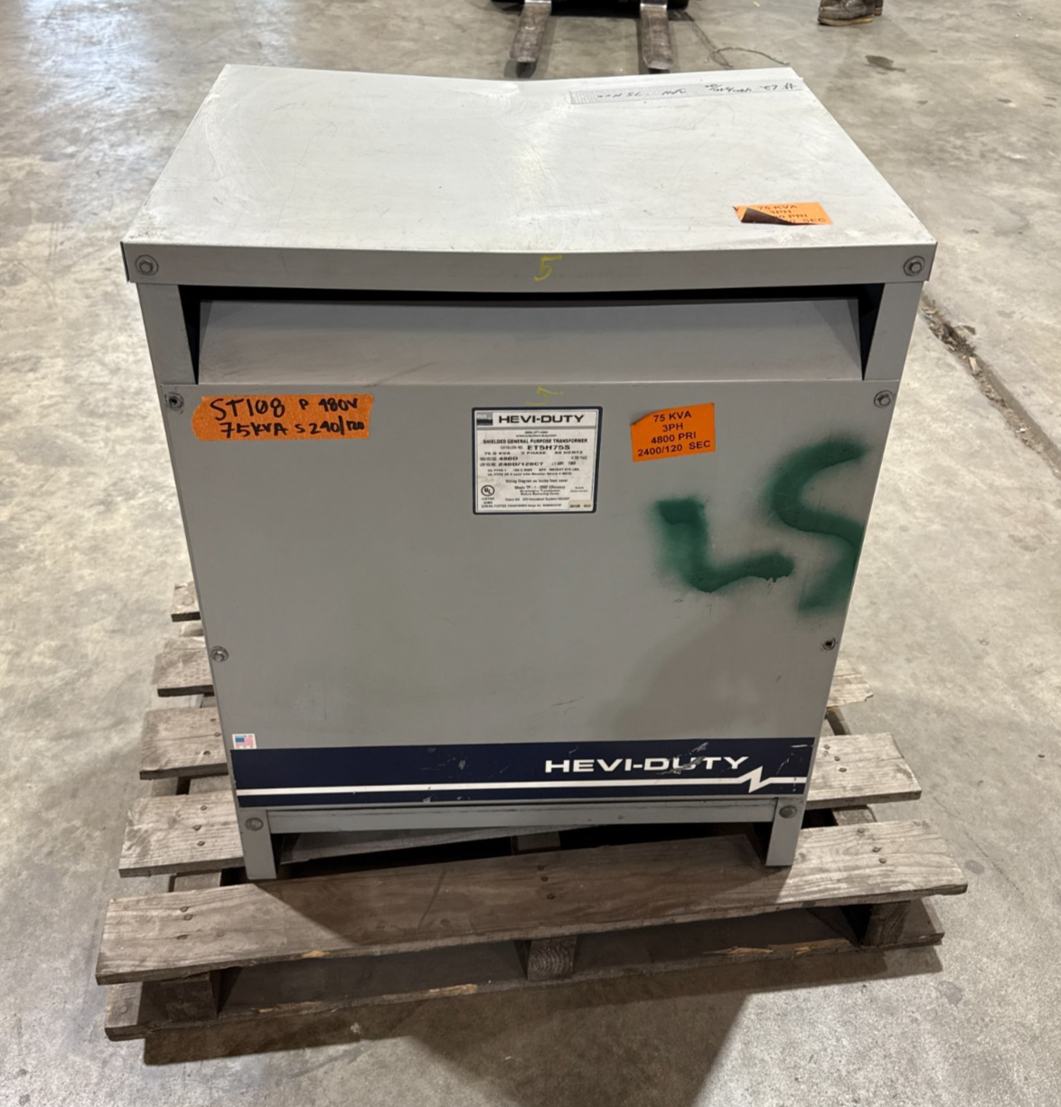 75KVA Hevi-Duty Transformer ET5H75S Pri 480V Sec 240/120V 3PH Indoor Encl Used