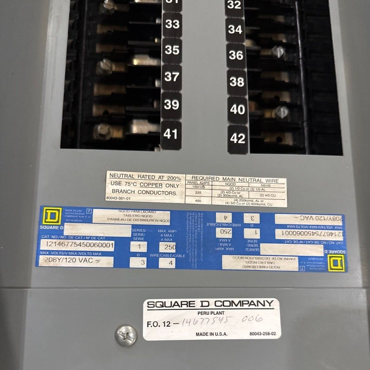 Square D NQOD Panelboard 250A 400A 208/120V 3PH 4W 42 Circuit MCB Indoor Encl P302 Used
