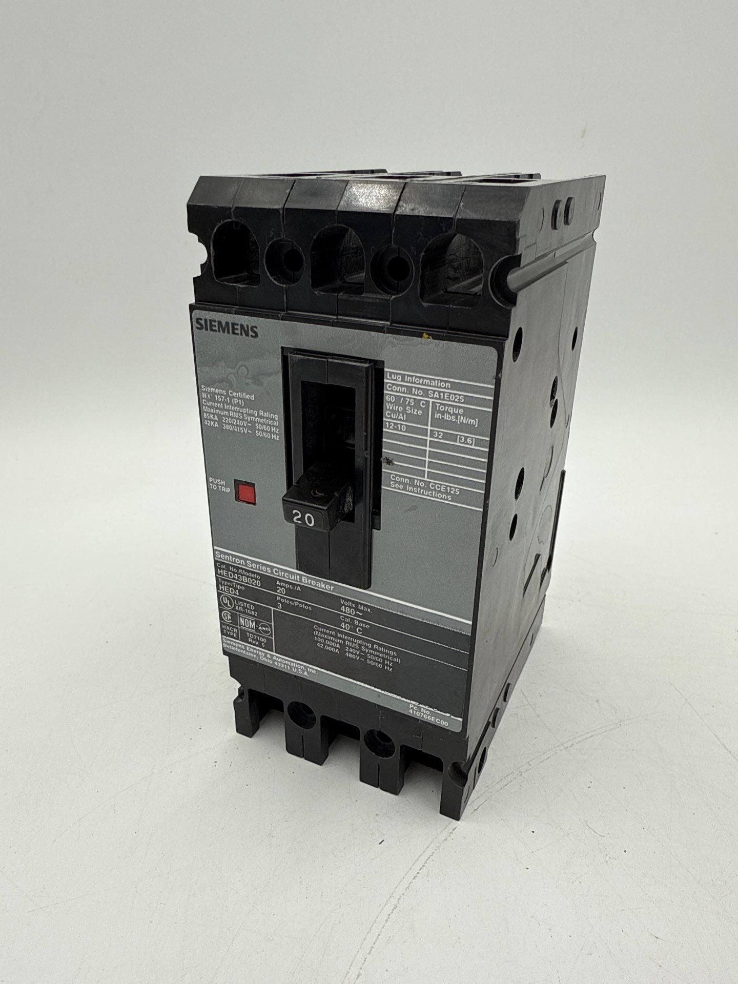 Siemens HED43B020 Circuit Breaker 20A 3P 480V 3PH HED4 20 Amp 3 Pole Gray Used