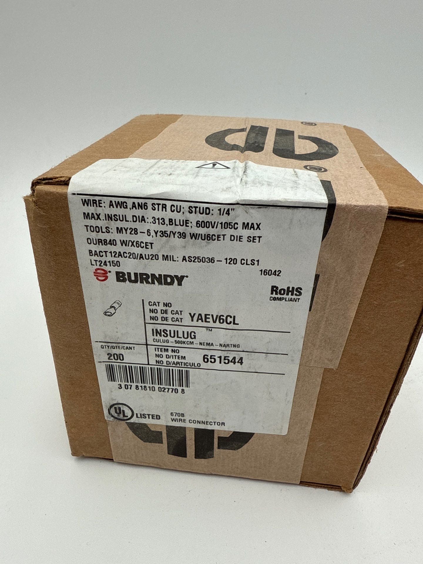 Burndy YAEV6CL Terminal Ring INSULUG 6AWG Heavy Duty 1/4 Stud Copper Lug New