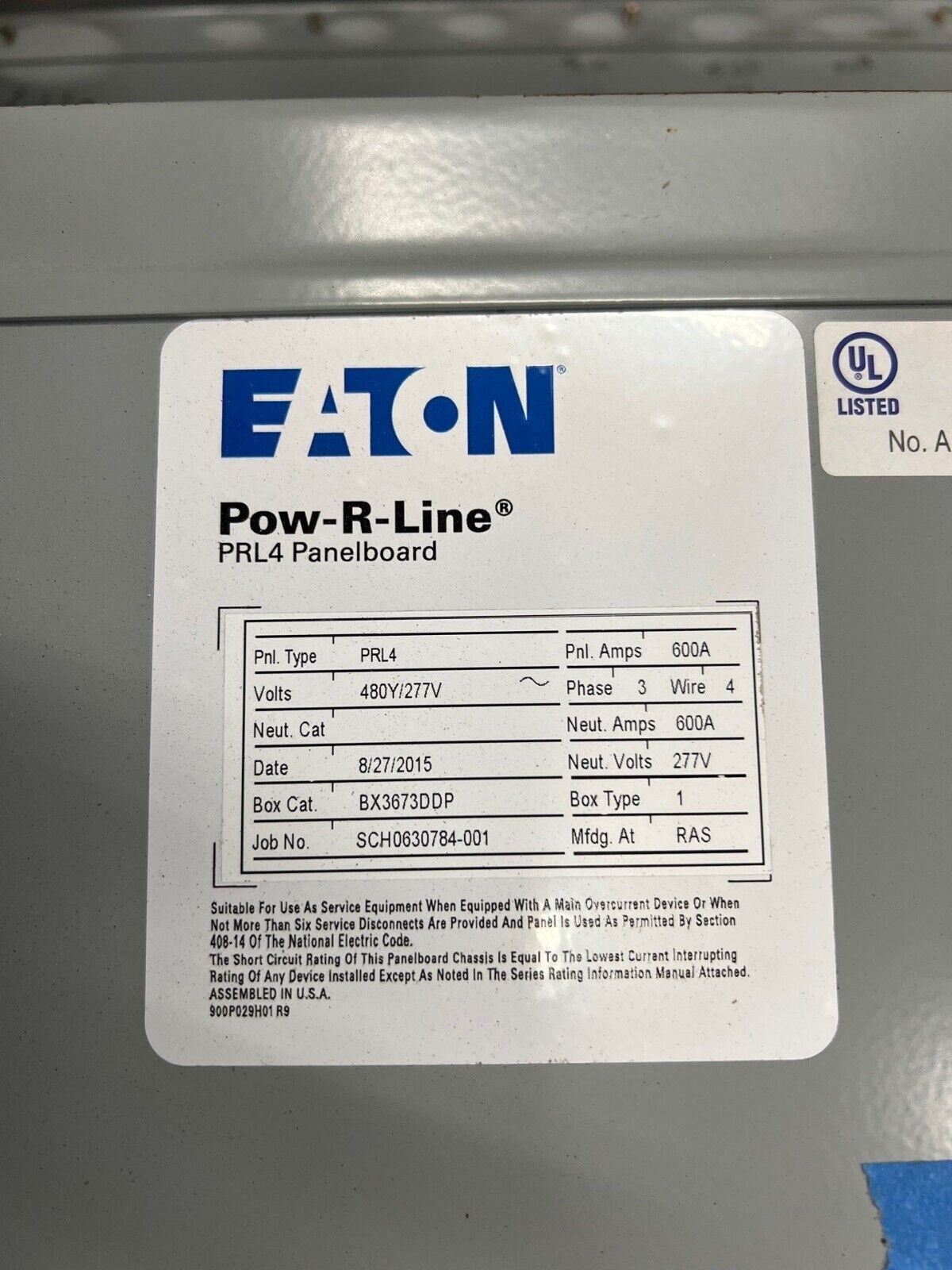 Eaton PRL4 Panelboard 600A 480/277V 3PH 4W 24 Cir Indoor Encl MCB LGH3630NN P649 Used