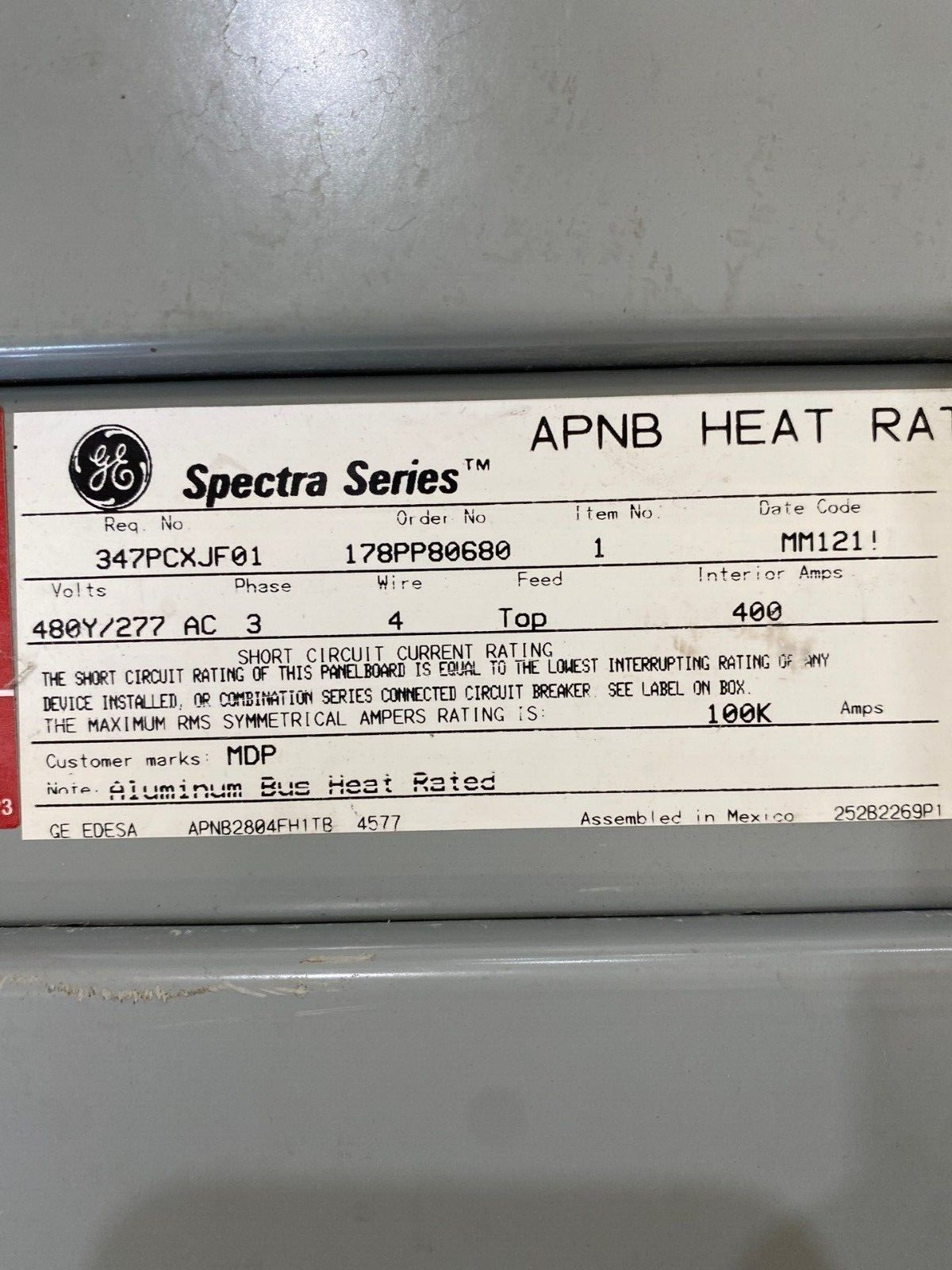 GE APNB Bolt On Panelboard 400A 480/277V 3PH 4W Indoor Encl MCB SGLA36AT0400 P497 Used