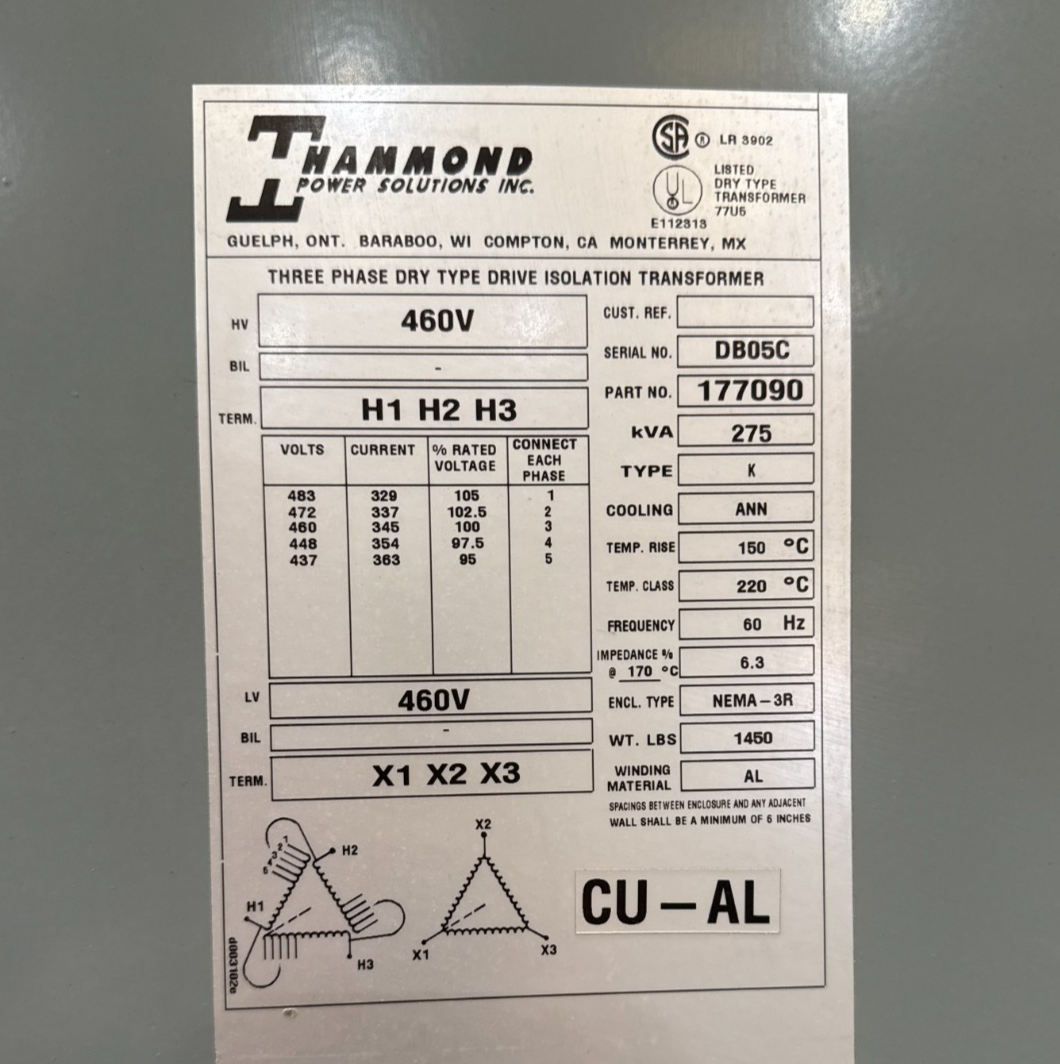 275KVA Hammond 177090 Transformer Pri 460V Sec 460V 3PH 3R Encl Outdoor Used