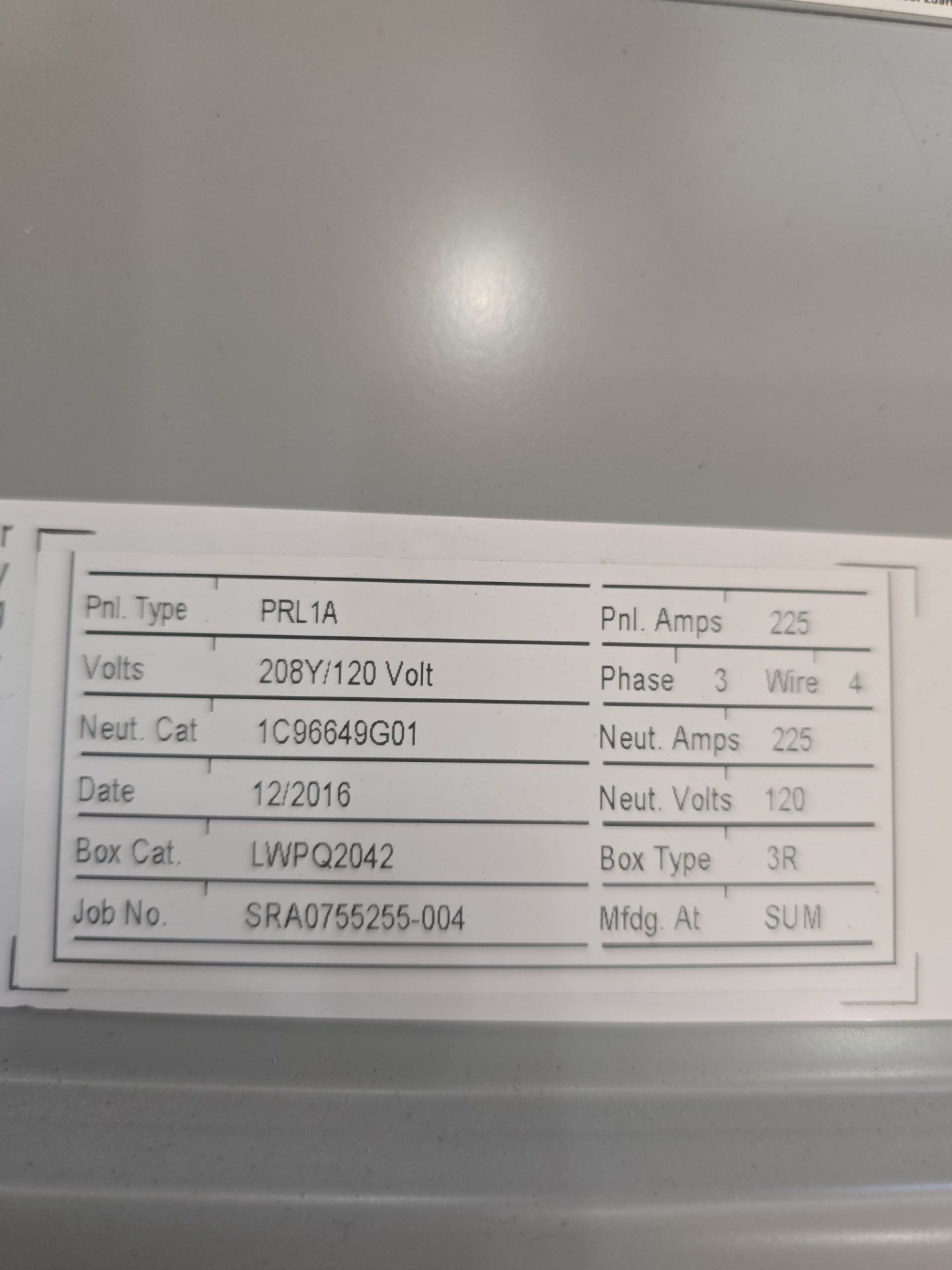 Eaton PRL1A Panelboard 225A 208Y/120V 3PH 4W 42 Space 3R Encl MLO Outdoor Used