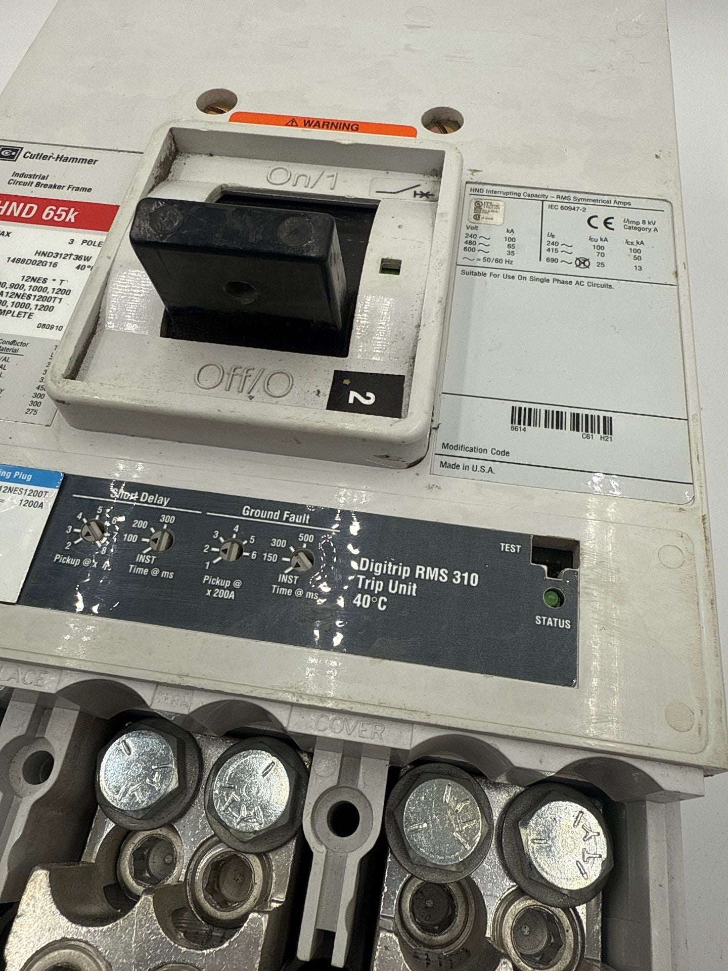 Eaton HND312T36W Circuit Breaker 1200A 3P 600V HND 65k LSIG 1200 Amp HND312 Used