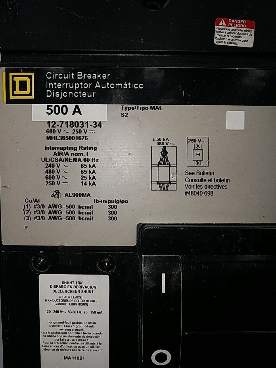 Square D MHL365001676 Used