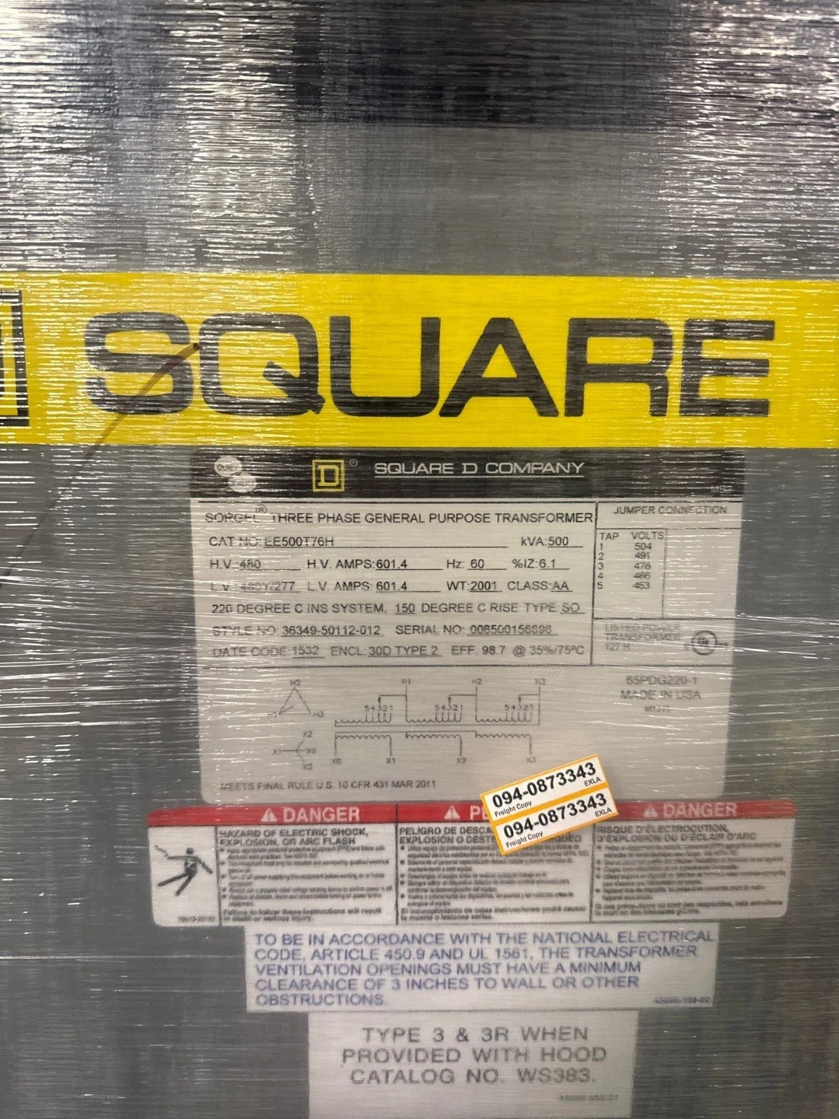 500KVA Square D EE500T76H Transformer Pri 480V Sec 480/277V 3PH Indoor Encl New