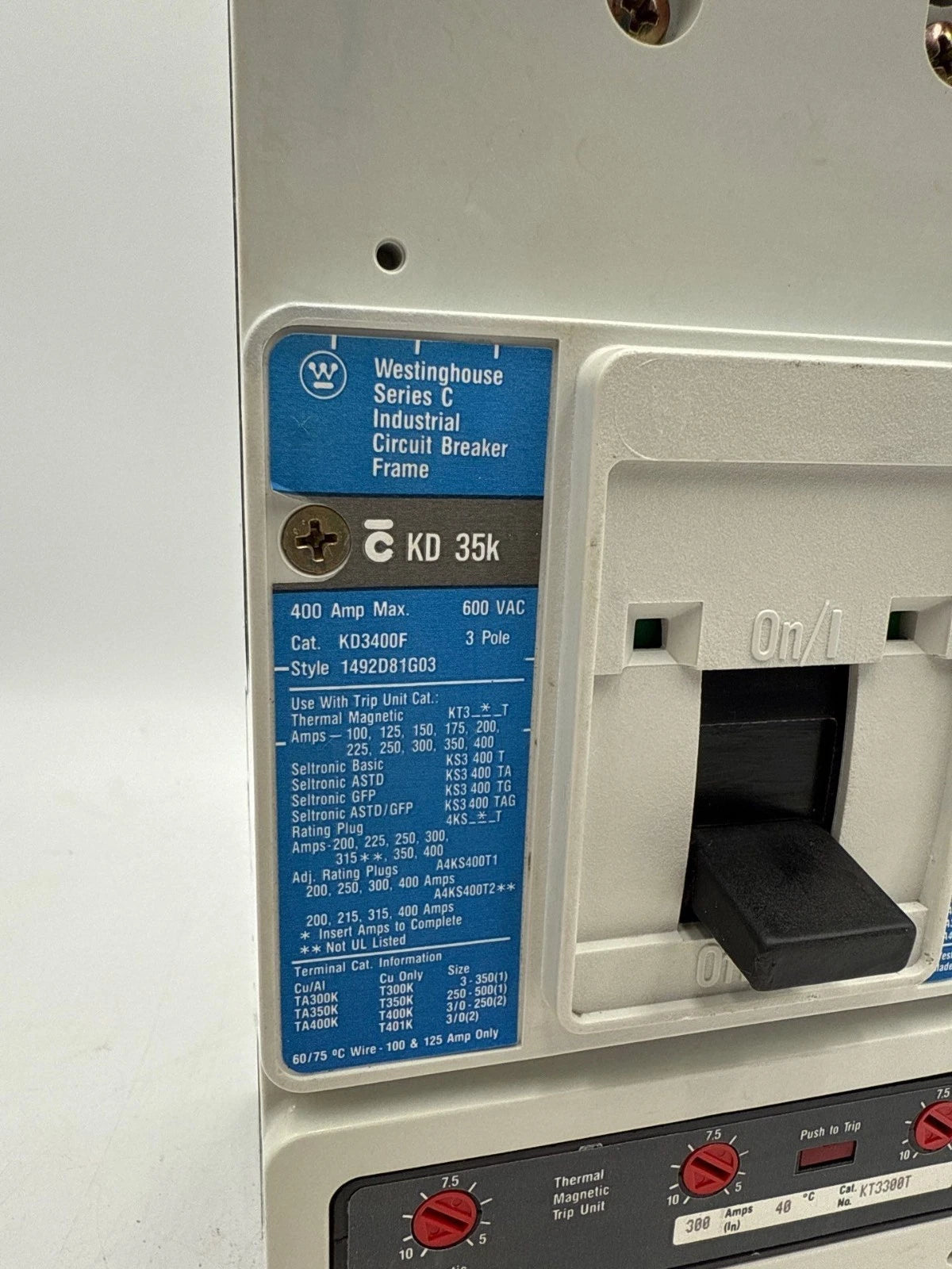 Westinghouse KD3300 Circuit Breaker 300A 3P 600V KD 35k 300 Amp 3 Pole KT3300T Used