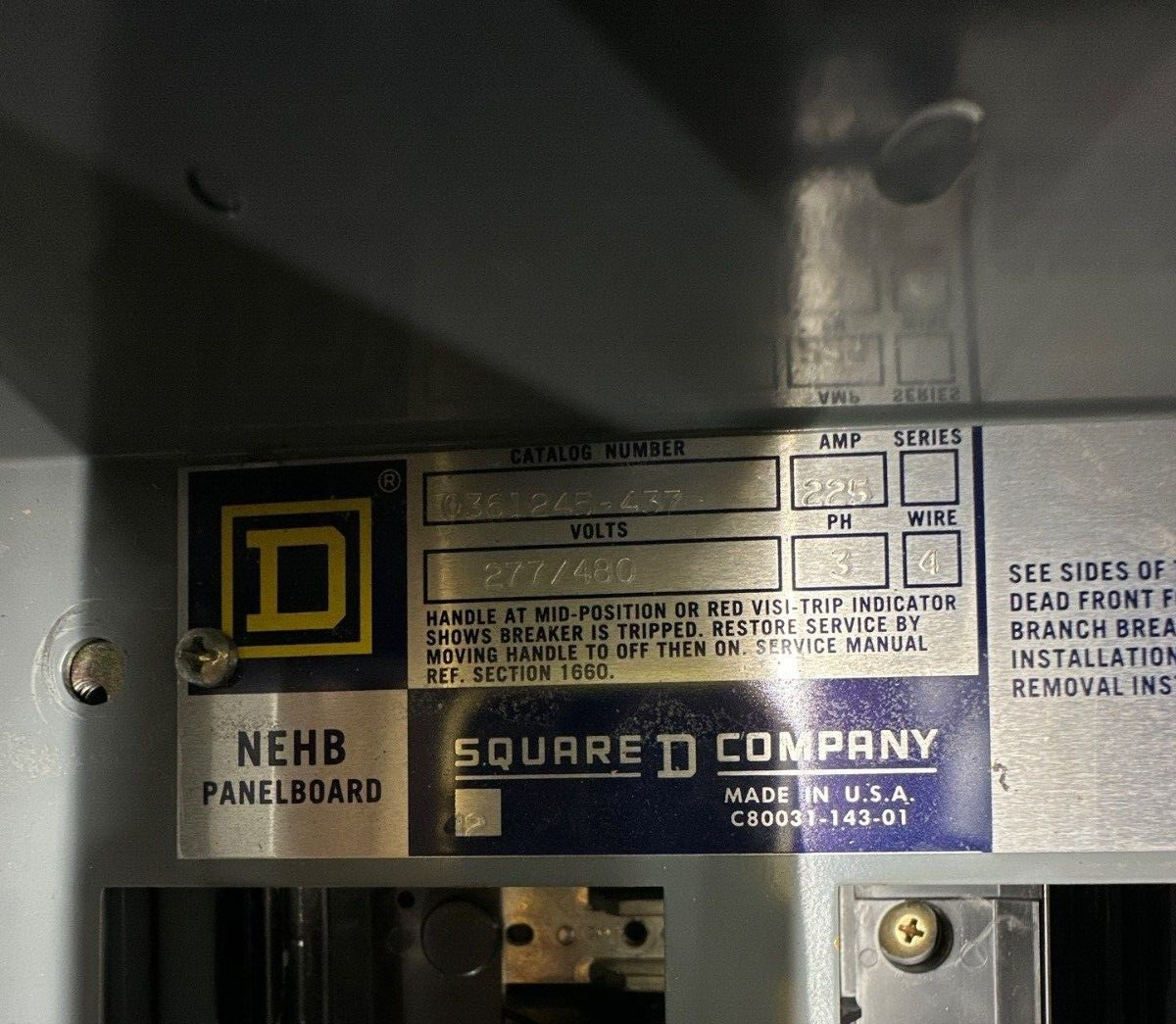 Square D NEHB Panelboard 225A 480/277V 3PH 4W Indoor Encl 42 Cir MLO Main Lug P109 Used