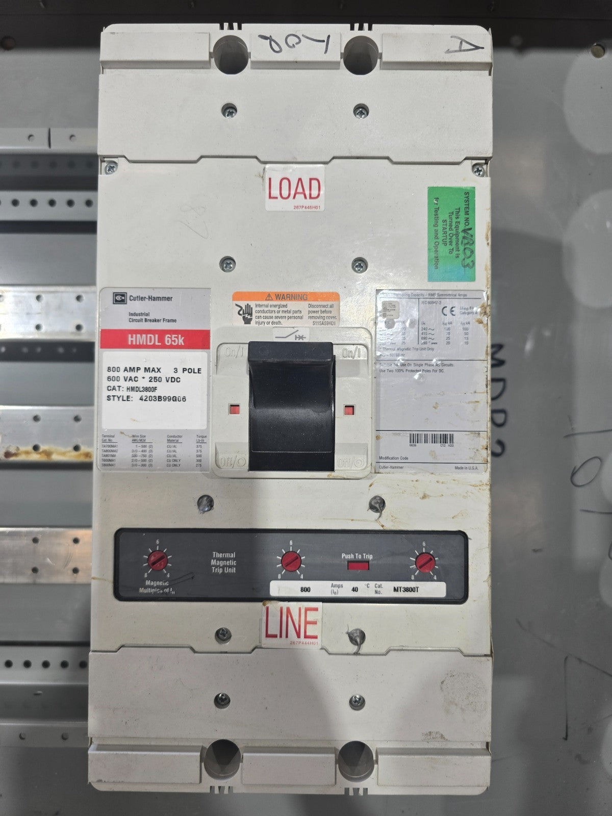 Eaton PRL4 Panelboard 800A 480V 3PH 3W MCB Panel 800 Amp HMDL3800 Indoor BX3673 Used