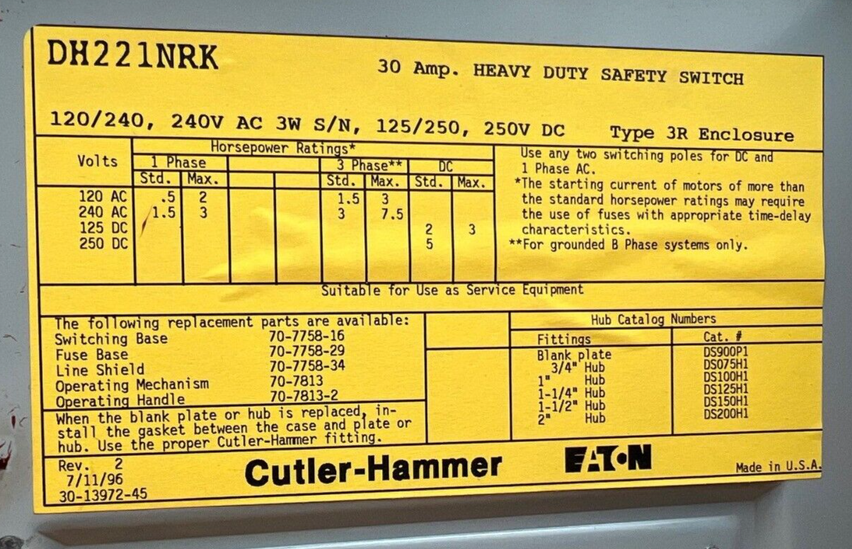 Cutler-Hammer DH221NRK Used