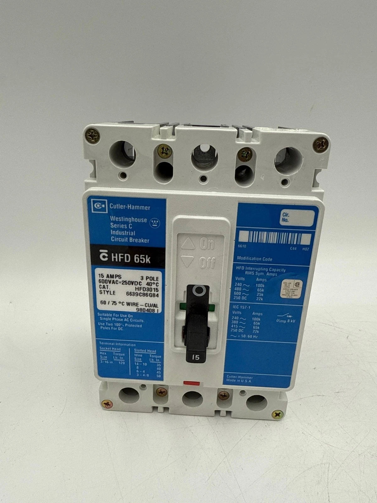 Cutler Hammer HFD3015 Circuit Breaker 15A 3P 600V 3PH HFD 65k 3 Pole 15 Amp Used