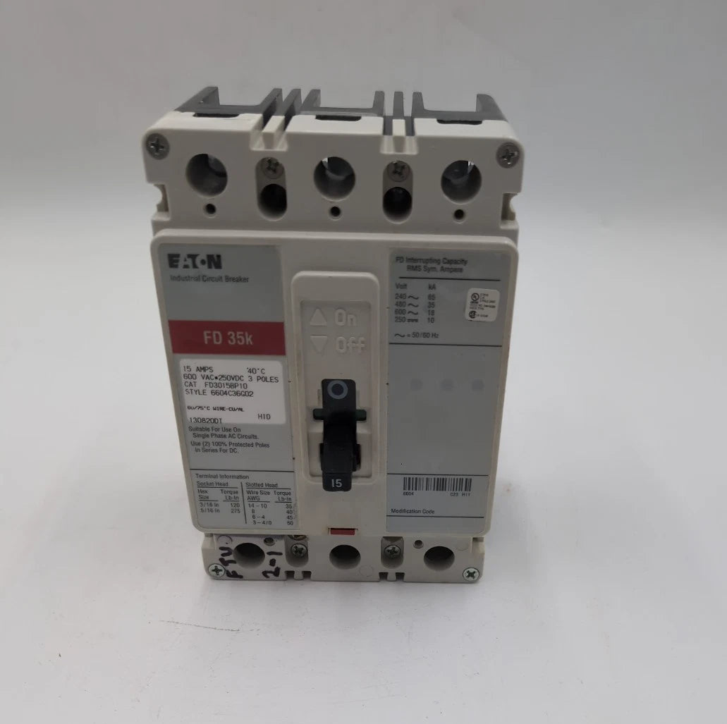 Eaton FD3015BP10 Circuit Breaker 15A 3P 600V FD 35k 15 Amp 3 Pole USED Used