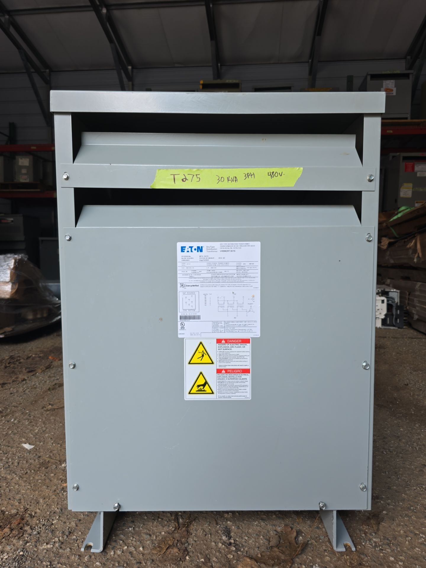 30kVA Eaton V48M28T3016 Transformer Pri 480V Sec 208/120V 3PH Indoor T275 G02S04 Used