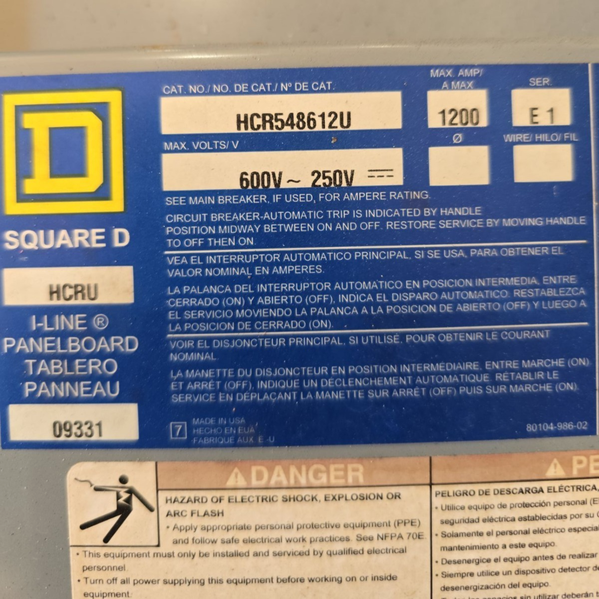 Square D HCRU I-Line Panelboard 1200A 600V MCB Panel 1200 Amp PGA36120 72 Cir 3R