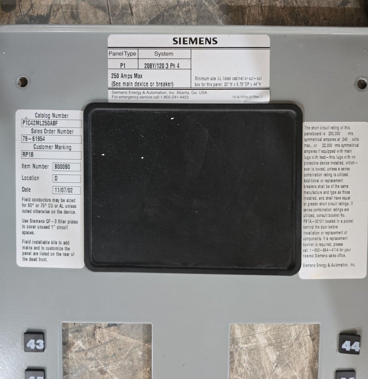 Siemens P1 P1C42ML250ABF Panelboard 250A 208/120V 3PH 4W MLO 42Cir 250 Amp Panel Used