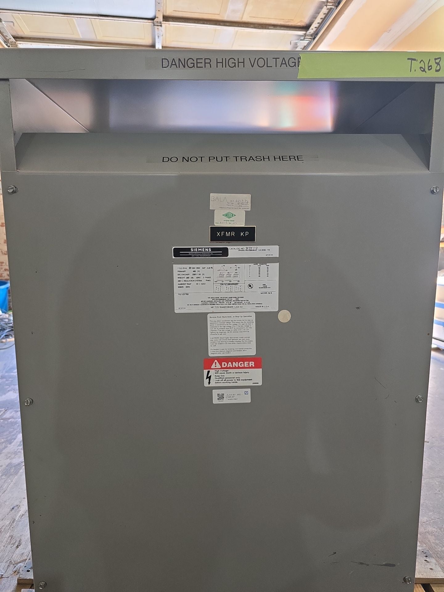 112.5kVA Siemens 3F3Y112 Transformer 3PH Pri 480V Sec 208/120V Indoor T268 Used