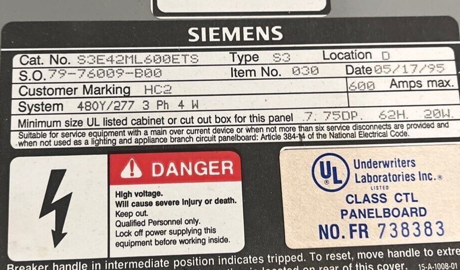 Siemens S3E42ML600ETS S3 Panelboard 600A 3PH 4W 480Y/277V MLO With 225A Subfeed P269 Used