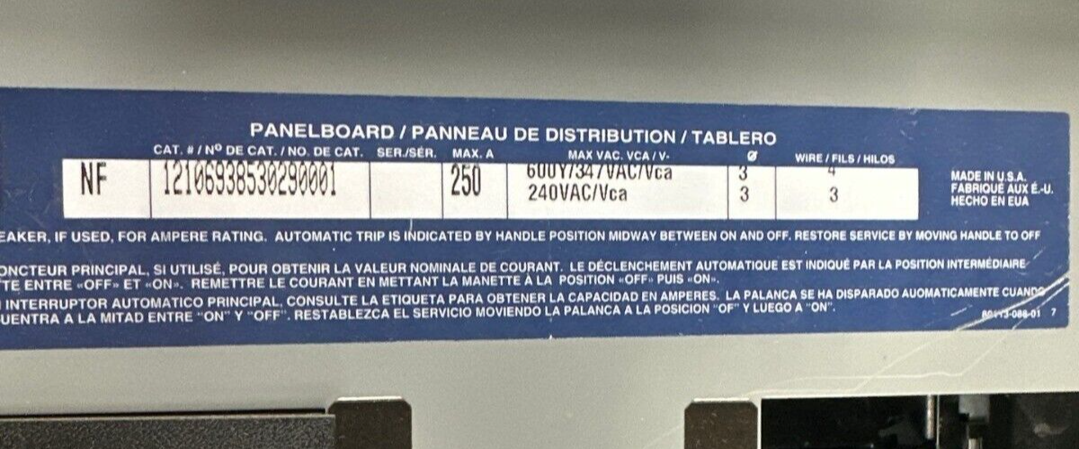 Square D NF Panelboard 250A 600Y/347V 3PH 4W 42 Cir Box MH44 Main Lug MLO 250Amp P405 Used