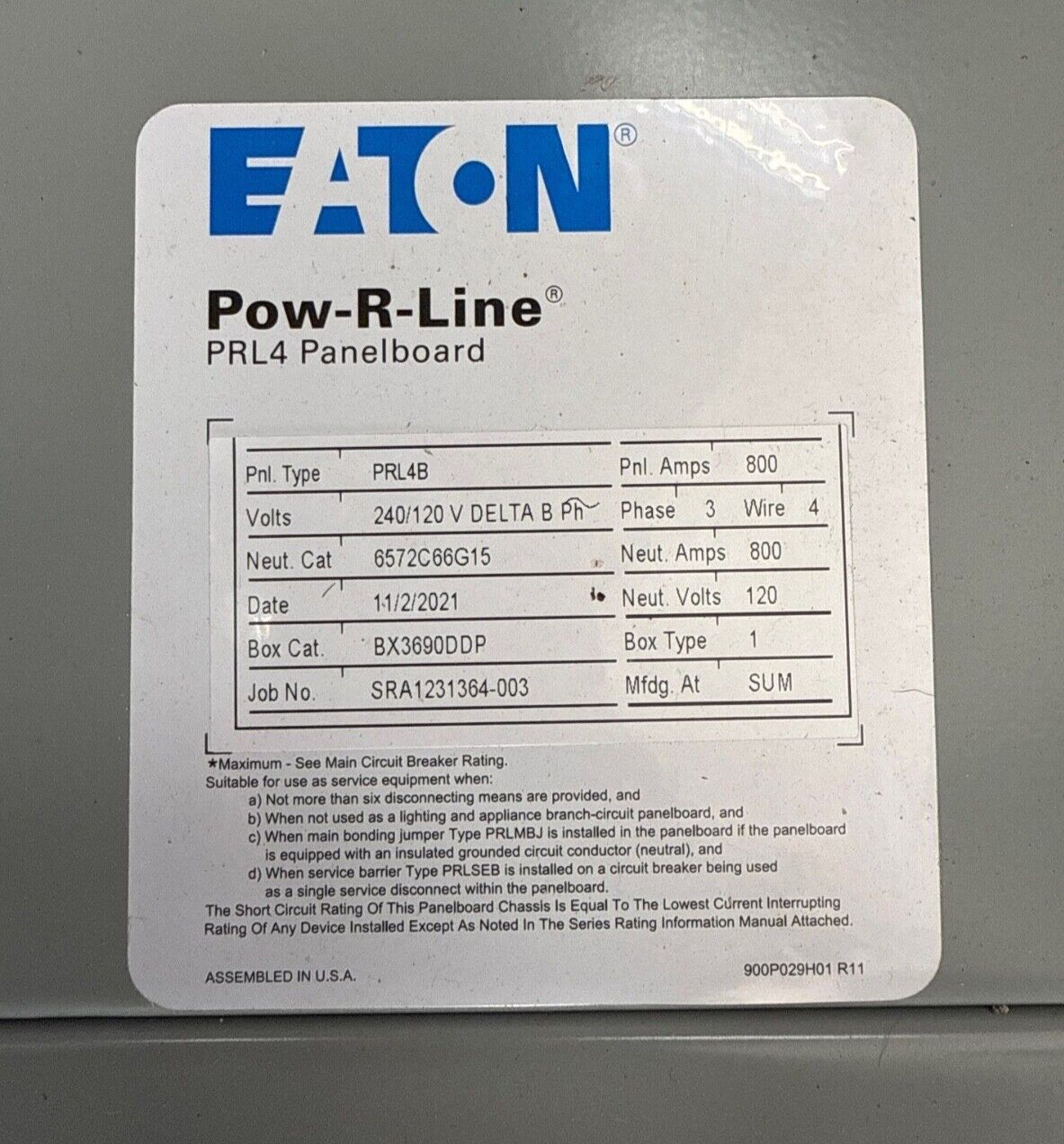 Eaton PRL4B Panelboard 800A 240/120V 3PH 4W Indoor Encl 36 Cir MCB MDL3800F P633-NS New