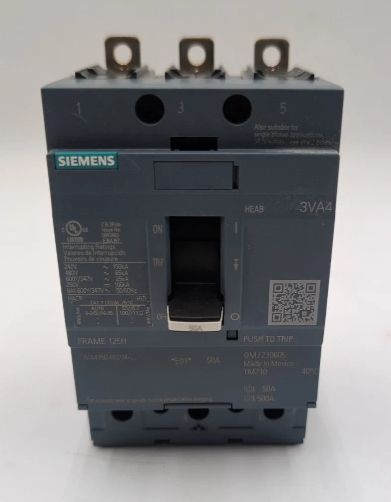Siemens 3VA4150-6ED34-0AA0 Circuit Breaker 50A 3P 480V 600Y/347V 50 Amp Bolt On New
