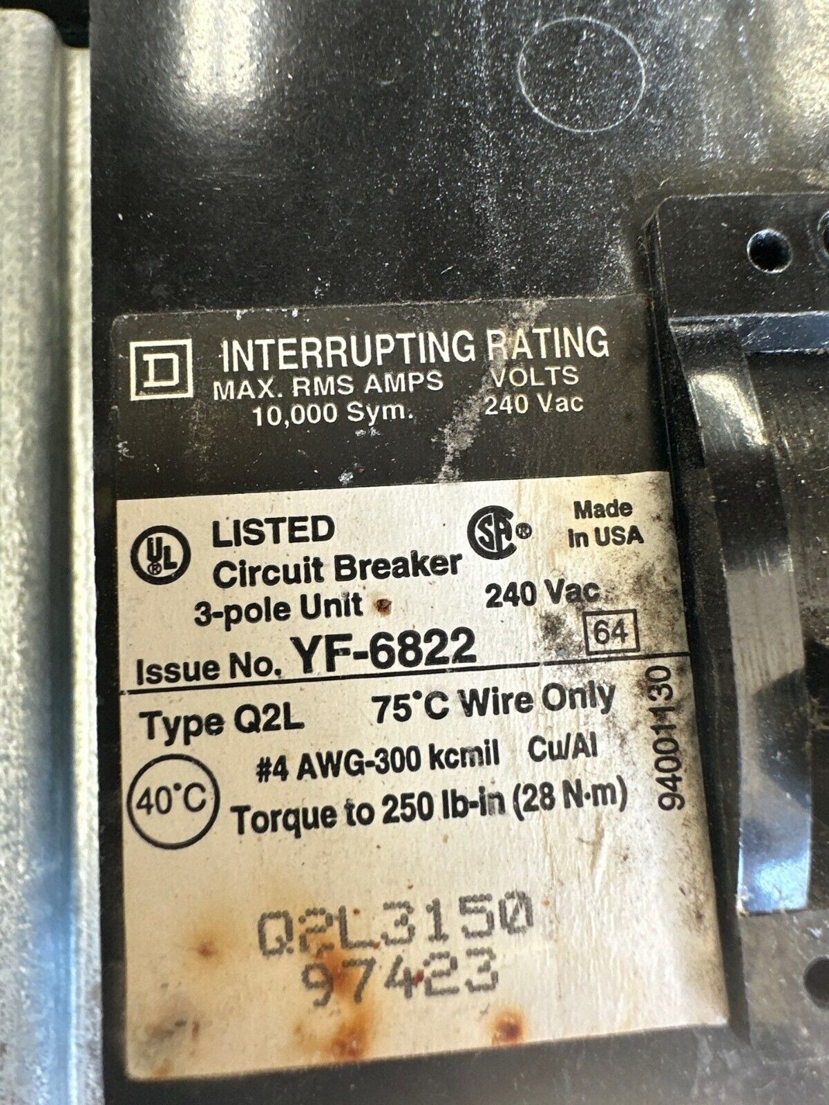 Square D NQOD442M225 Panelboard NQOD 225A 208/120V 3PH 4W MCB 42 Cir Indoor Encl P331 Used