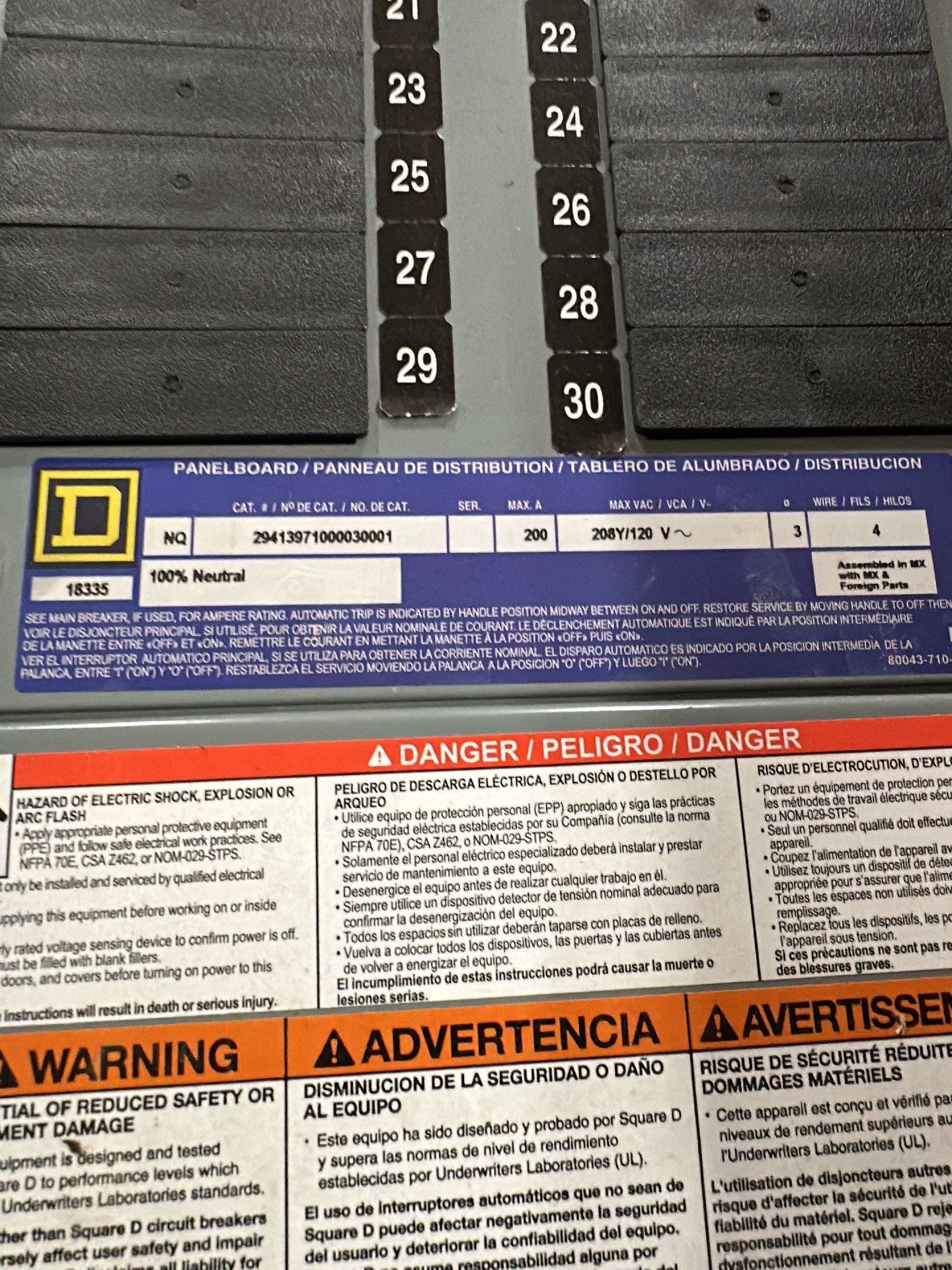 Square D NQ Panelboard 200A 208/120V 3PH 4W QBL32200 MCB 30Cir P107 Used