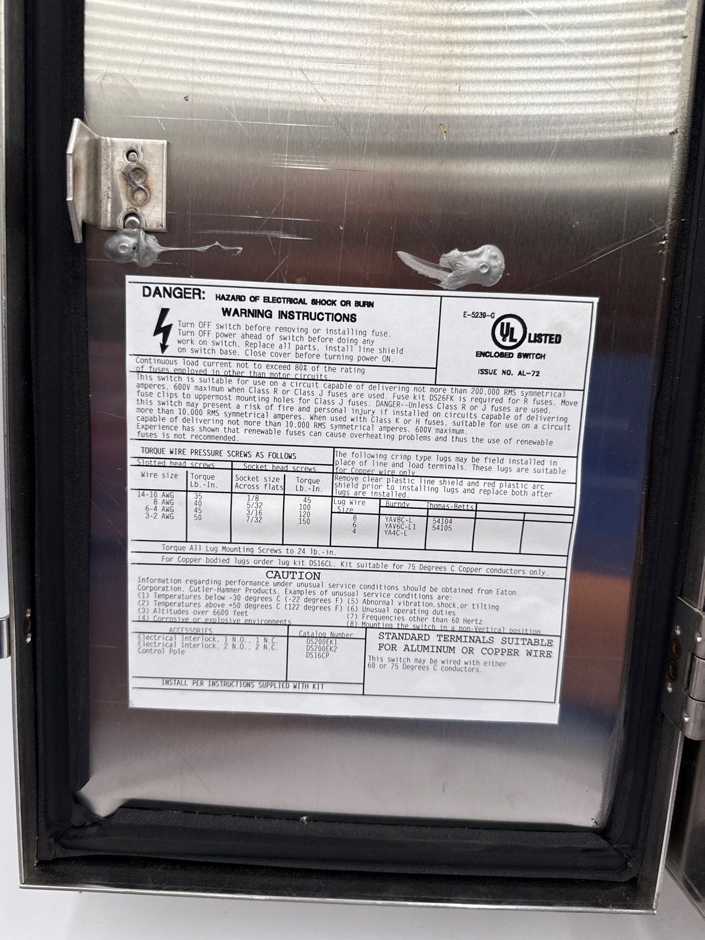 Eaton DH362FWK Safety Disconnect Switch 60A 3P 600V Nema 4 Encl 60 Amp 3 Pole Used