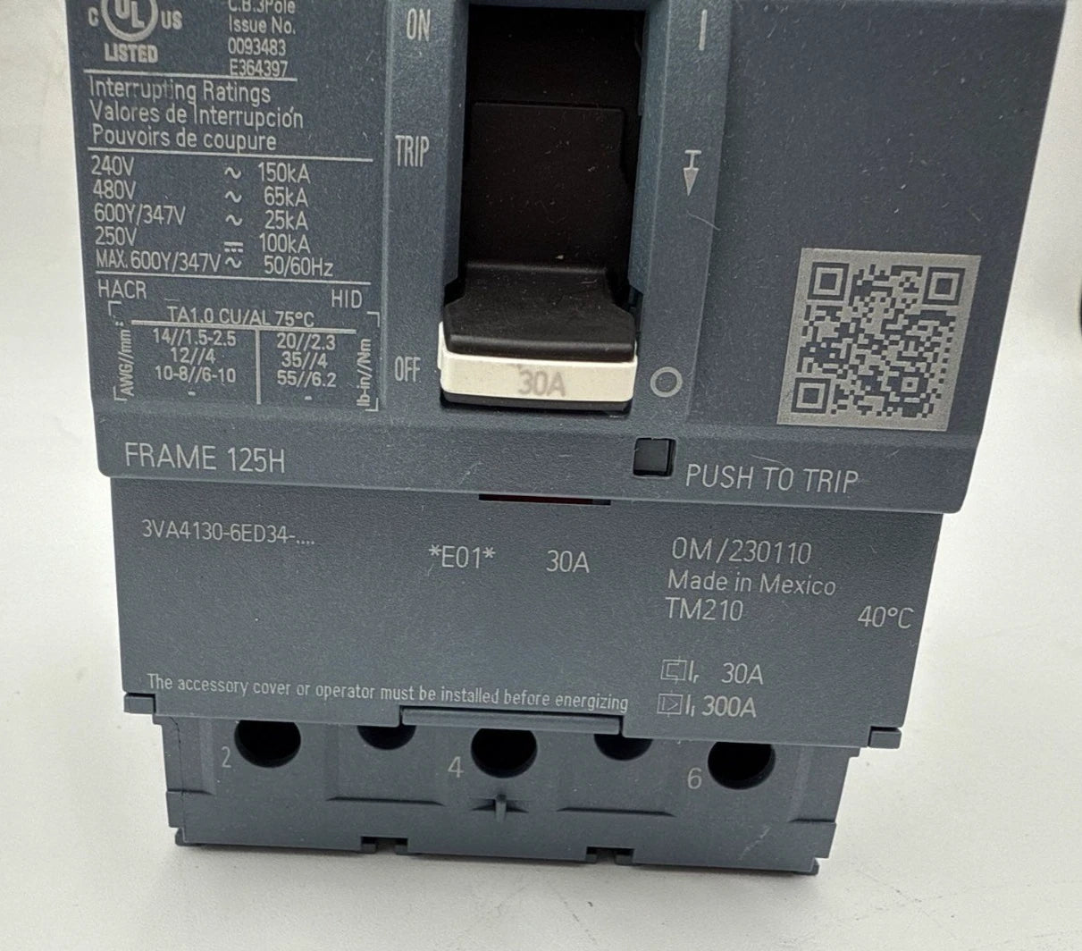Siemens 3VA4130-6ED34-0AA0 Circuit Breaker 30A 3P 600V 3VA Bolt On 30 Amp 3 Pole New