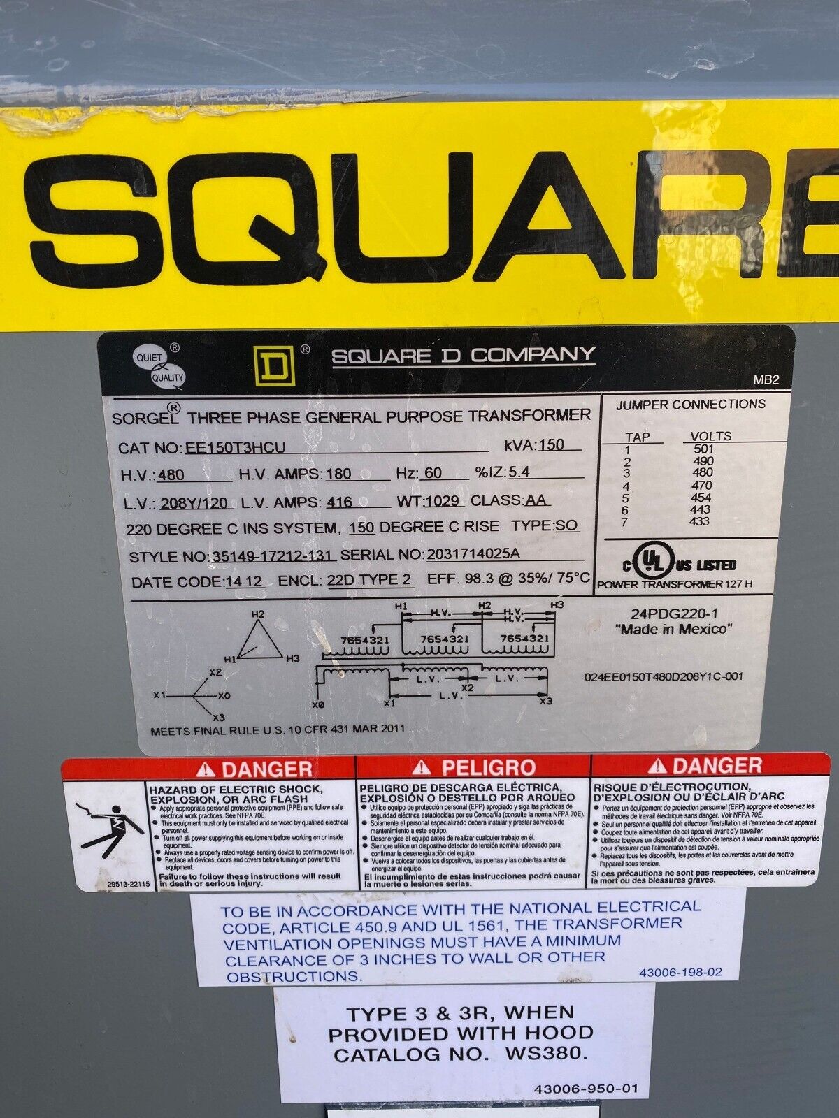 Square D EE150T3HCU Used