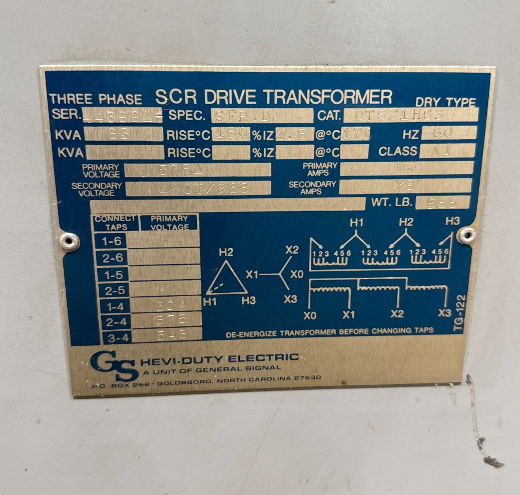 63KVA Hevi Duty DT621H63 Transformer Pri 575V Sec 460/266V 3PH Indoor Encl Used